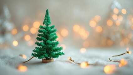 Festive scene featuring a miniature green fir tree and bokeh lighting for the holiday season.