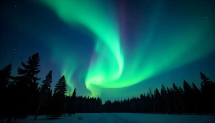 A breathtaking nightscape captures the aurora borealis dancing across the sky, with vibrant hues of green, purple, and blue painting the celestial canvas