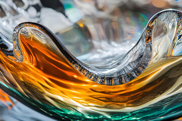 Abstract Closeup of a Glass Art Object with Orange, Green and Silver Tones

