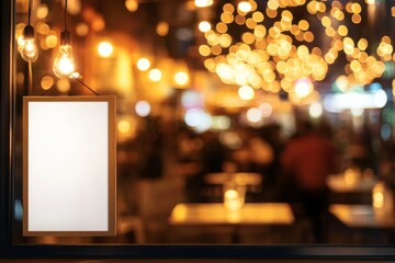Stylish coffee shop features a vertical white poster mockup centered in the window, surrounded by warm wooden furniture and inviting lighting, perfect for promotion