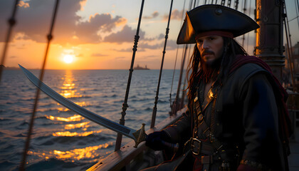 Obraz premium A powerful pirate captain, with a long beard and pirate hat, stands on a ship's deck at sunset. 