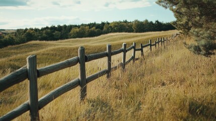 Obraz premium A quaint wooden fence along a grassy field, with space for text in the upper right corner, symbolizing the simplicity of the countryside