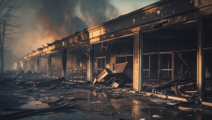 Devastated retail building following a fire incident