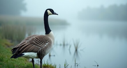 Canada goose observing its domain in the marsh, profile view