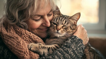 an elderly woman hugging her cat at home