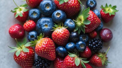 Fototapeta premium Variety of berries including strawberries and blueberries with a summer theme, viewed from above, featuring space for text.