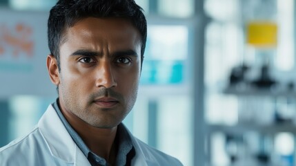 Obraz premium A serious South Asian man in his thirties wearing a lab coat. He is focused and confident, standing in a laboratory setting, embodying professionalism in science.