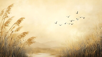 Obraz premium Serene Landscape with Flying Birds, A serene landscape featuring tall grass and a soft, muted background