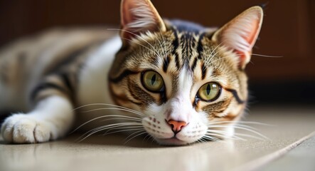 Fototapeta premium Cat with brown and white fur resting on the floor, close-up of its face with selective focus.