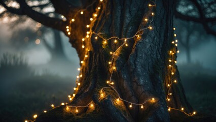 Festive string lights coiled around the trunk of a tree