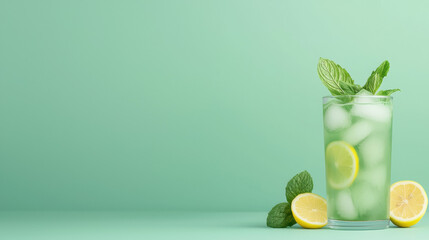 Refreshing matcha lemonade in tall glass with ice, lemon slices, and mint leaves on green background