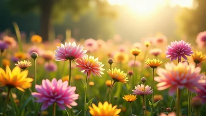 Fototapete Rund Vibrant flower meadow featuring grasses, seasonal blooms, and dahlias. © ArtificialHorizons