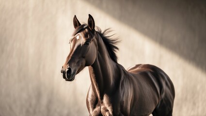 Fototapeta premium Stunning portrait of a young brown horse illuminated by sunlight