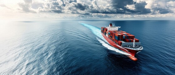 A large red cargo ship sails through calm waters under a cloudy sky, leaving a wake behind as it navigates the open sea.
