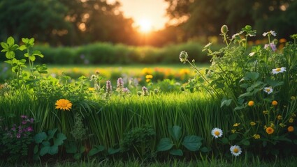 lush green border in a vibrant landscape. Handcrafted image of a park, garden, and meadow filled with thriving grass. Captivating photo showcasing flowers alongside natural plants and fresh herbs. ...