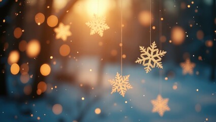 Naklejka premium Holiday backdrop featuring hanging snowflakes and bokeh lights.