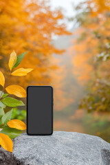 smartphone with blank screen is placed on rock surrounded by vibrant autumn foliage, creating serene outdoor setting