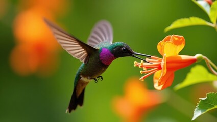 Obraz premium Hummingbird with a Black Chin Gathering Nectar from Vibrant Orange Blooms