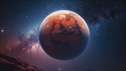 Fototapeta premium Stunning Mars in a star-filled space backdrop. Scenery of the solar system. Cosmic wallpaper.