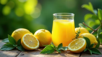 Refreshing Citrus Beverage with Whole and Sliced Lemons on Rustic Wooden Surface