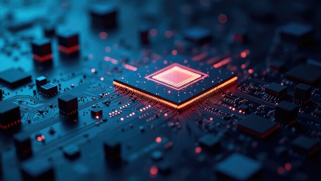 Microchip CPU processor circuit board initiating artificial intelligence advanced high-tech imagery Data digitalization from neural networks. The electronic brain linked via digital pathways.