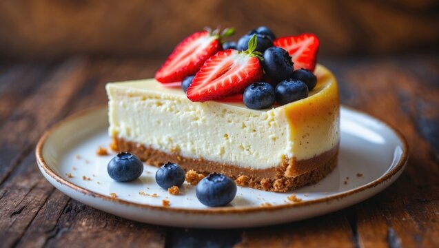 Traditional cheesecake topped with fresh strawberries and blueberries on a plate. Popular baked dessert found in cafÃ©s. - Powered by Adobe