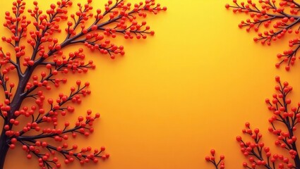 Autumn-themed background design for a photo display with a flat layout, top-down perspective, featuring anime-inspired mountain ash branches adorned with berries against an orange backdrop, capturi...