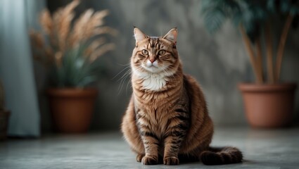 Coffee-colored feline resting on the floor with a softly blurred background. Elderly domestic cat close-up.