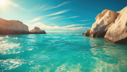Stunning daylight scene featuring water by rocky shores and a distant blue sky.