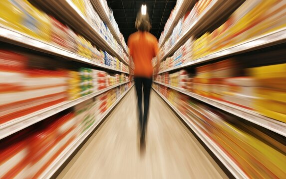 Dynamic supermarket scene with motion-blurred customers, illustrating retail analytics, spending patterns, and e-commerce influence
