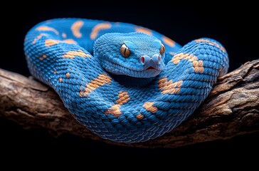 Fototapeta premium Majestic Blue Snake Coiled on a Branch with Unique Patterns and Textures
