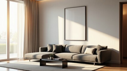 conceptual poster frame displayed in a modern living room featuring a stylish interior backdrop.