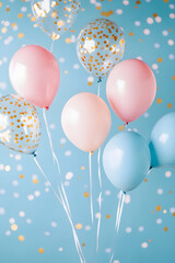 birthday party balloons, colourful balloons background and birthday gifts, cake with candles	