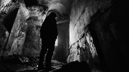 Solitary Figure in a Dark, Crumbling Passageway