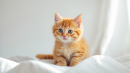 seven-week-old orange tabby kitten seated against a white backdrop