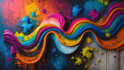 Abstract grunge artwork featuring a chaotic backdrop with multicolored oil paint swirls resembling rainbows. Decorative basic stains adorn the paper, showcasing a watercolor painting style and elem...