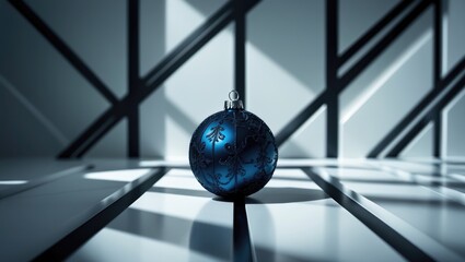 Dark blue holiday ornament on a light backdrop with slanted lines