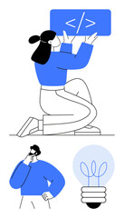 Woman holds coding bracket sign, man contemplates with hand on chin, and a light bulb symbolizes innovation. Ideal for programming, innovation, creativity, problem-solving, technology, brainstorming