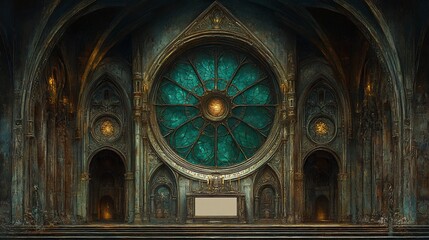 Obraz premium Mysterious Teal Rose Window Illuminates Gothic Hallway. AI Generated