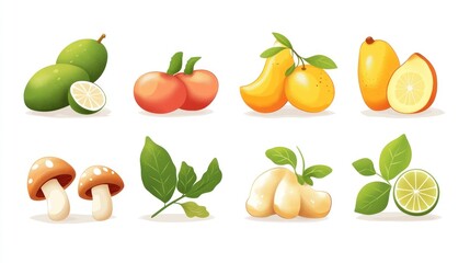 Cartoon fruits and vegetables. Colorful illustration of various fruits and vegetables.  Great for children's books, educational material, or food blogs