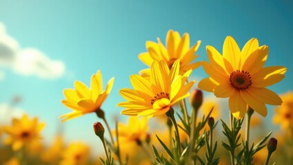Obraz premium Vibrant yellow blossoms with a backdrop of clear blue sky