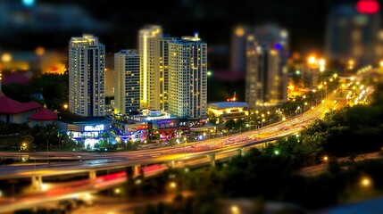 Obraz premium Tilt-shift photography，hong kong city at night