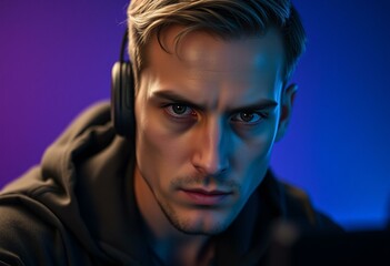 Fototapeta premium Focused male gamer with intense look in dimly lit room