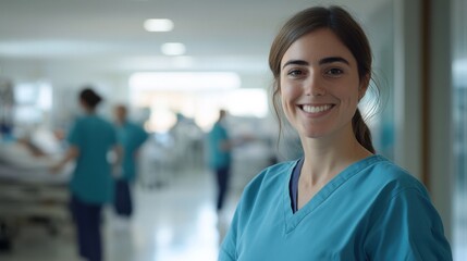 Fototapeta premium A young European female nurse wearing scrubs smiles confidently in a hospital setting, showcasing her dedication to patient care and healthcare service.