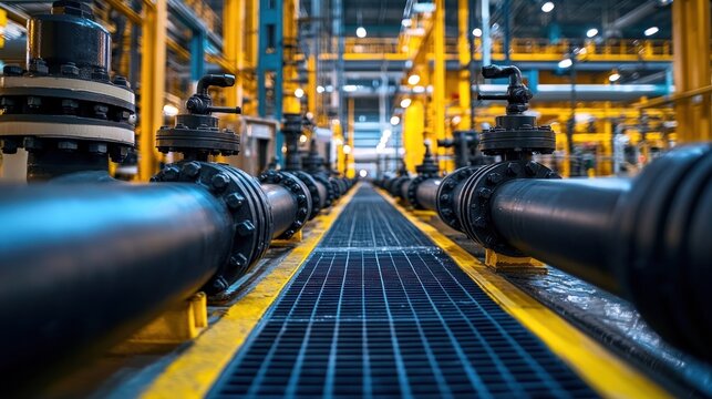 Rows of large industrial pipes with valves in a yellow factory