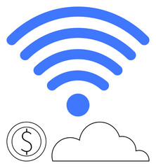 Blue wireless signal, simple cloud, and coin with dollar sign emphasize connectivity, cloud technology, and monetization. Ideal for technology, internet, finance, wireless services digital business