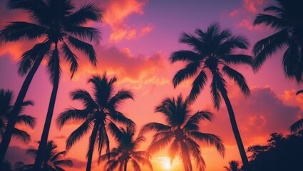Fototapeta premium Silhouettes of palm trees against the backdrop of a tropical sunset sky.