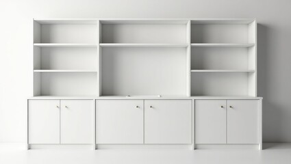illustration of a minimalist white cabinet with shelves mounted on the wall. serves as either a kitchen table or a bookcase for residential or commercial use. vacant retail storage space. furniture...