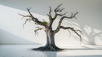 Obraz premium isolated, ancient, and lifeless tree standing alone on a light background