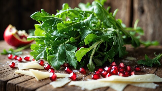 arugula with pomegranate arils and shaved parmesan cheese